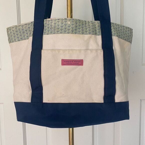 Vineyard Vines Navy Blue Green Canvas Tote Bag - Picture 3 of 8